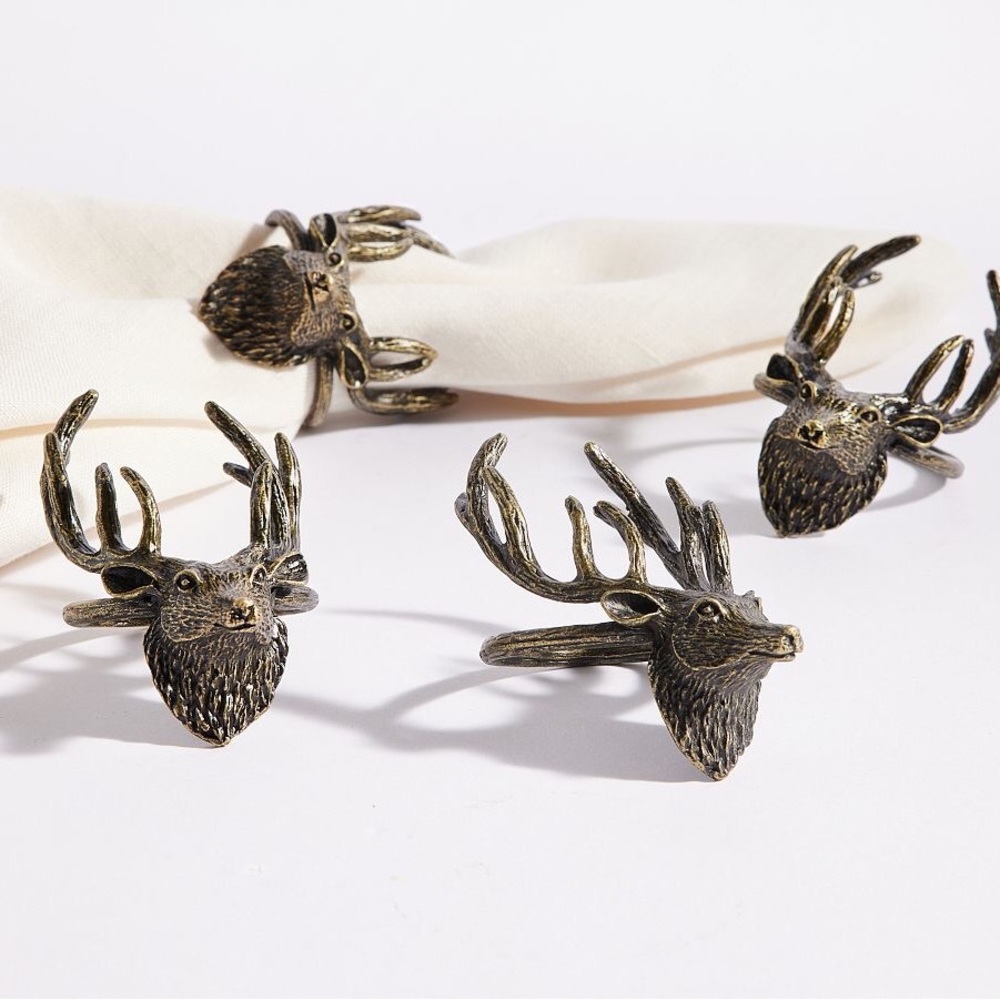 Pottery Barn Rustic Metal Woodland Stag Deer Napkin Rings - Set Of 4 NIB 🦌🌲